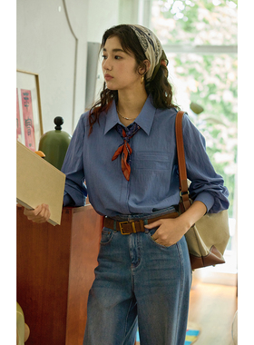 solighter 法式复古莱赛尔蓝色长袖衬衫女秋季2025新款宽松上衣