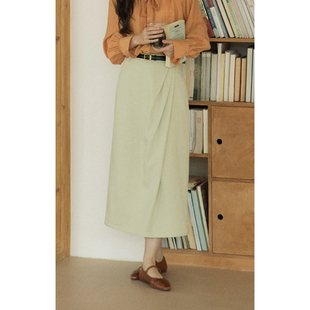 solighter 复古高腰捏褶直筒半身裙秋季 2025新款 气质显瘦长裙 法式