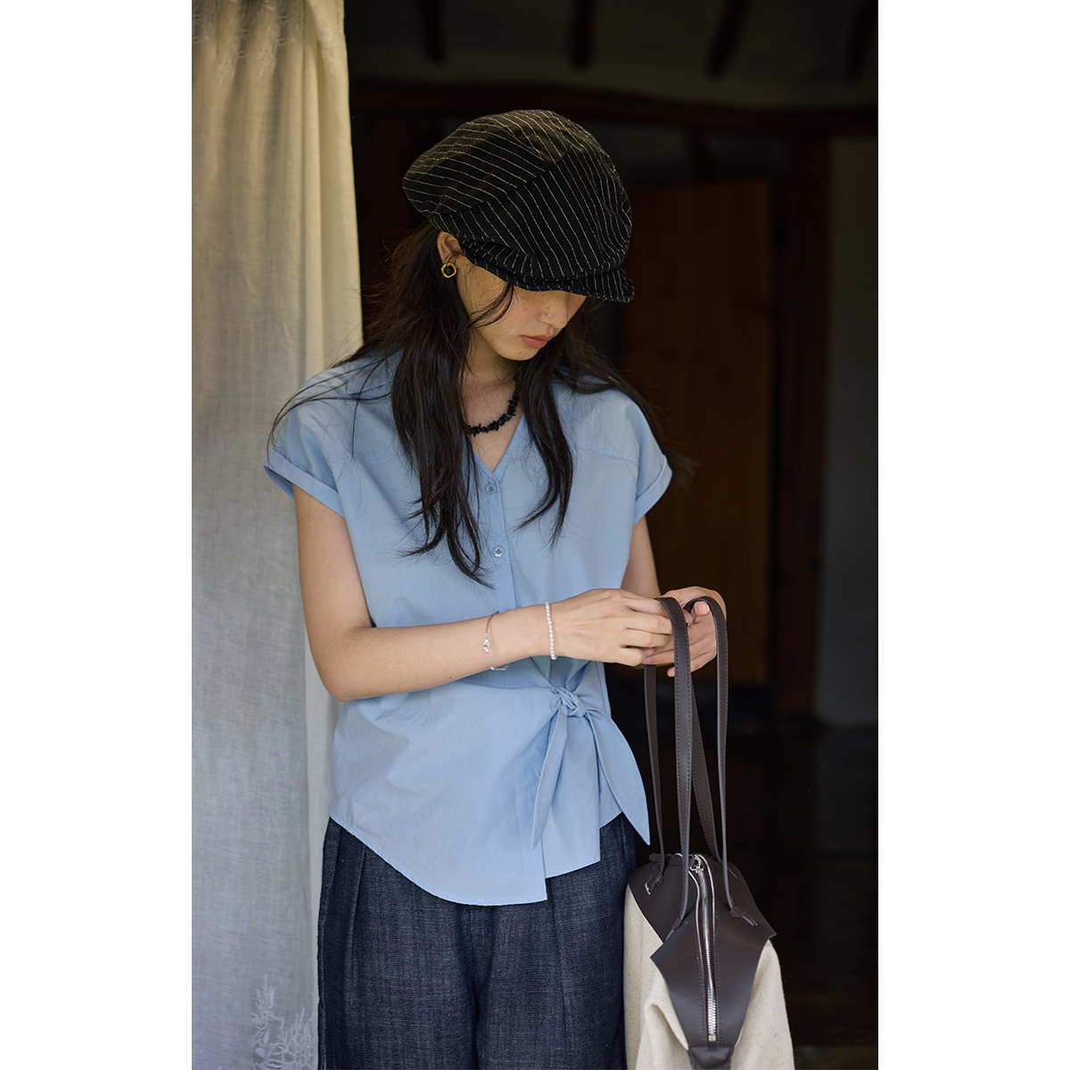 solighter法式v领不对称打结衬衫