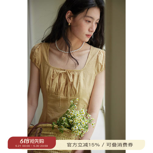 solighter法式绣花方领连衣裙