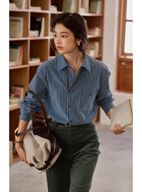 solighter 法式复古条纹长袖衬衫女秋季2025新款宽松磨毛衬衣上衣
