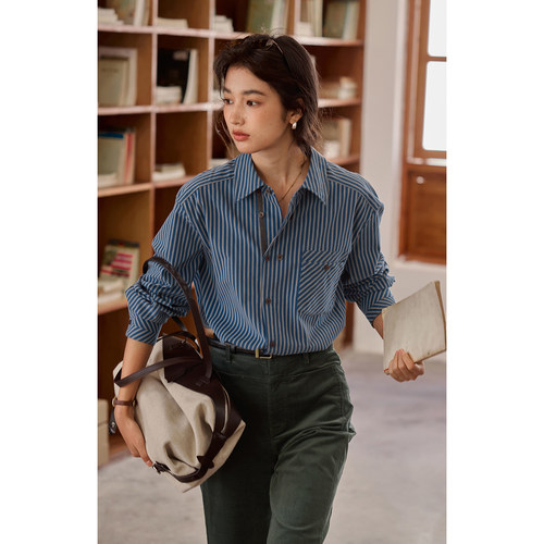 solighter法式复古条纹长袖衬衫