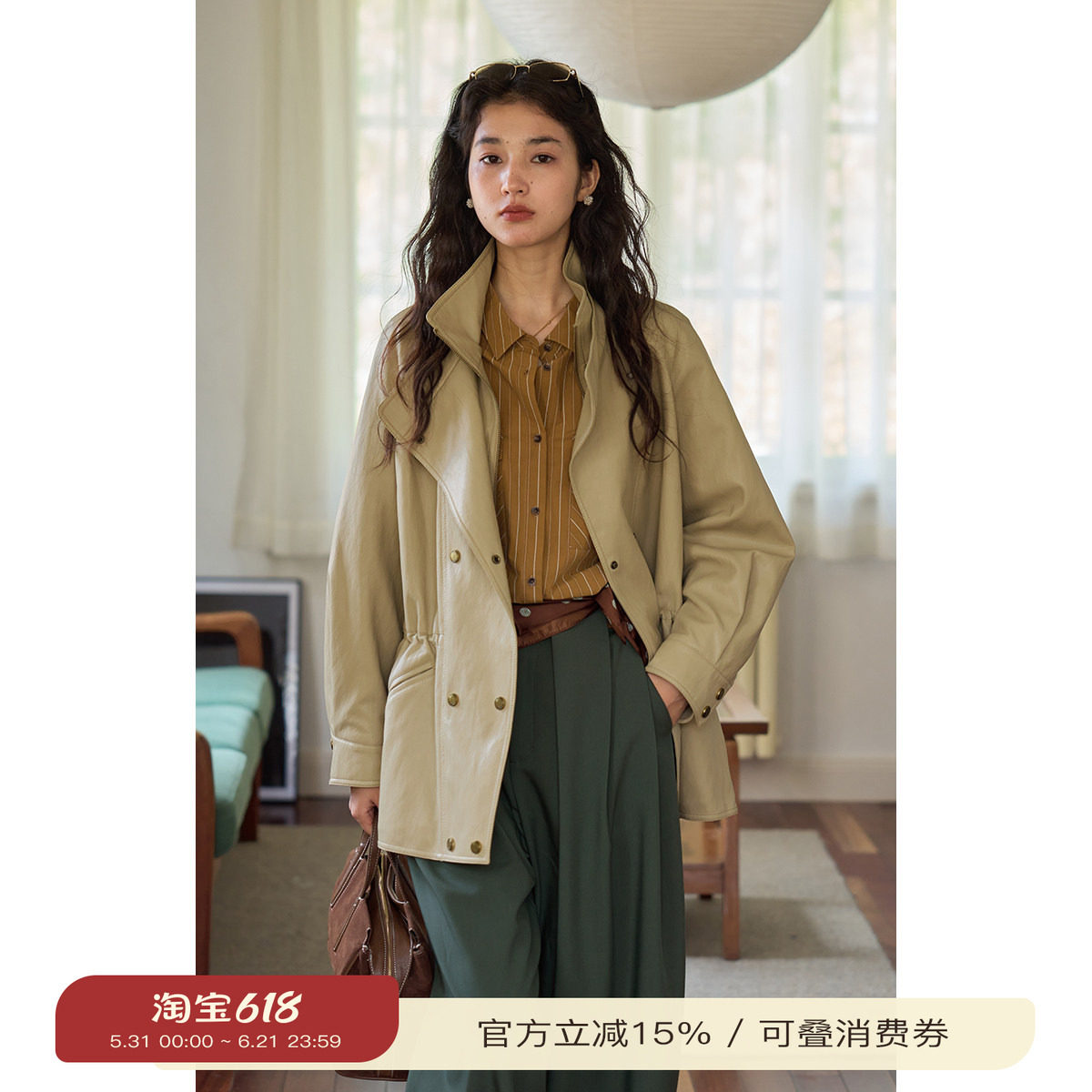 solighter 法式重工双排扣收腰皮衣女秋季2025新款宽松pu皮外套