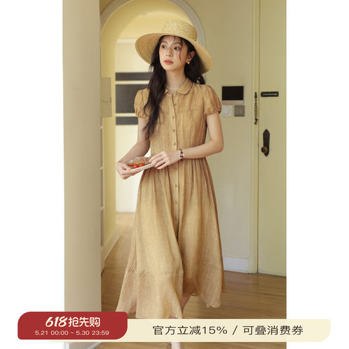 法式苎麻娃娃领衬衫连衣裙