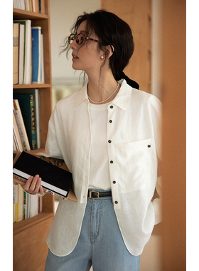 solighter 法式复古绿色亚麻长袖衬衫女秋季2025新款宽松衬衣上衣