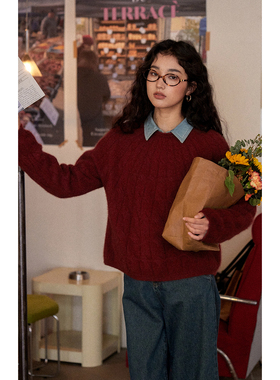 solighter 浣熊毛混纺红色圆领毛衣女秋冬新款软糯绞花针织上衣