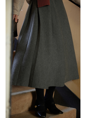 solighter 法式复古灰色羊毛针织半身裙女秋冬2025新款a字裙伞裙