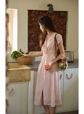 solighter 法式绣花扭结v领收腰连衣裙夏季2025新款气质短袖长裙