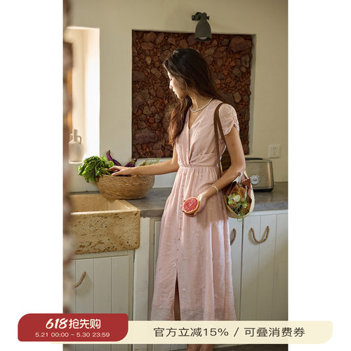 solighter法式绣花扭结v领连衣裙