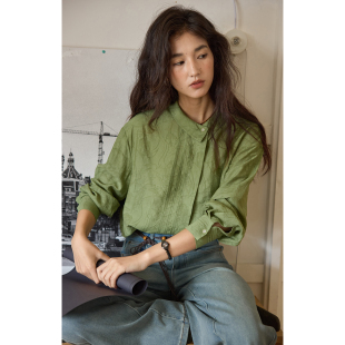 长袖 solighter 上衣 2025新款 女秋季 法式 亚麻不对称翻领提花衬衫