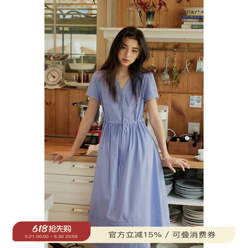solighter法式v领花边抽绳连衣裙