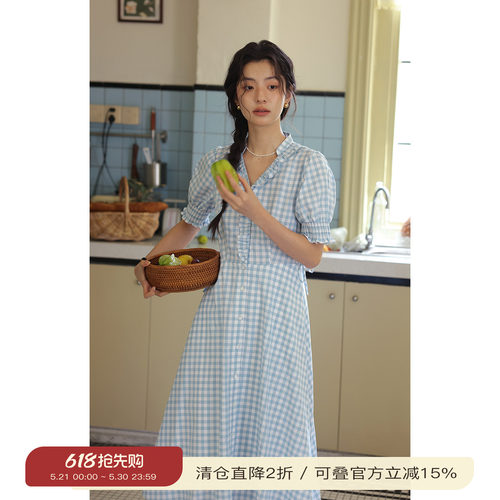 solighter法式v领格子连衣裙