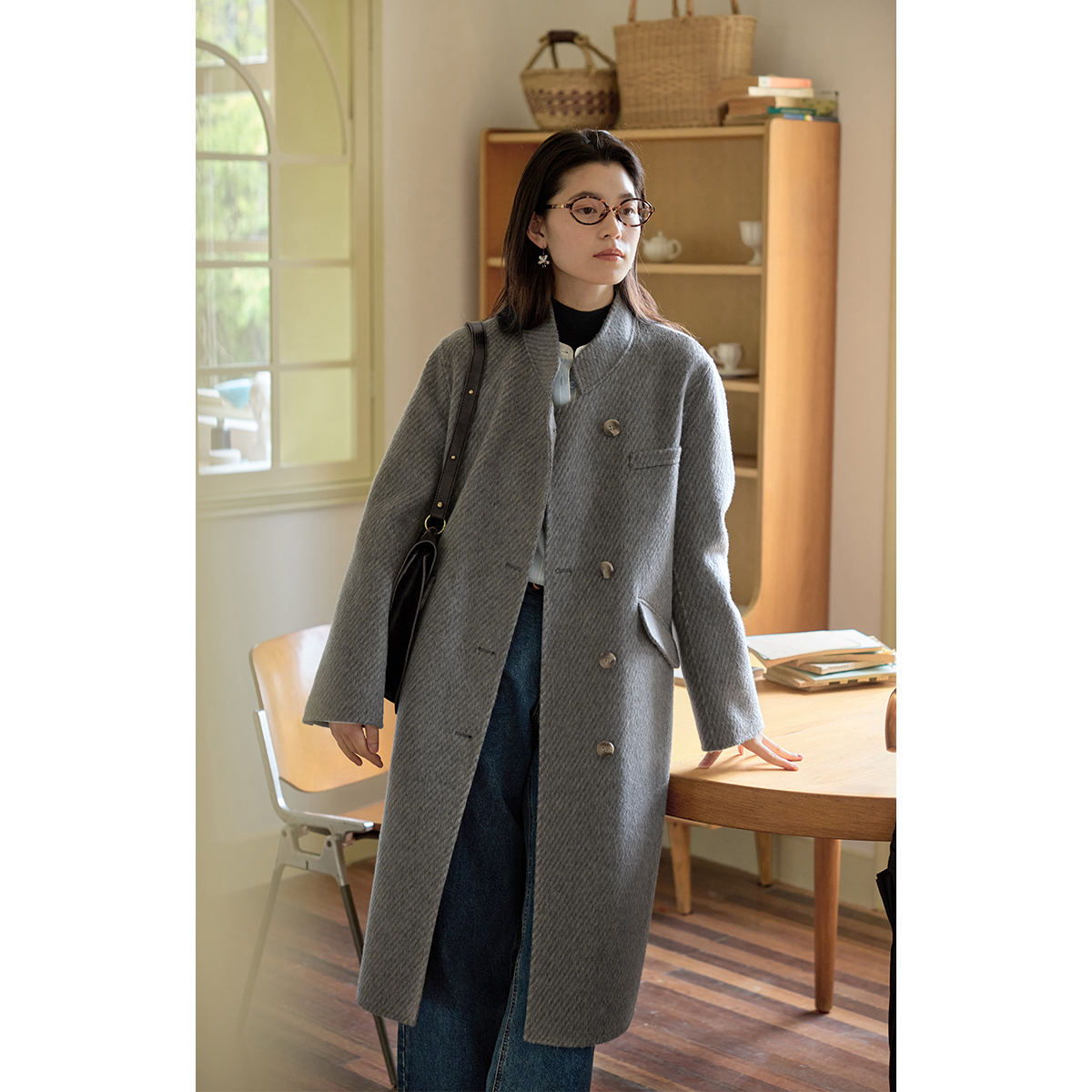 solighter羊毛双面呢西装领大衣