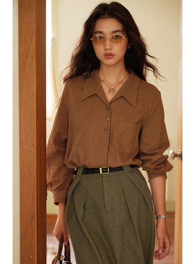 solighter 法式亚麻人字纹燕子领衬衫女秋冬2025新款复古长袖衬衣