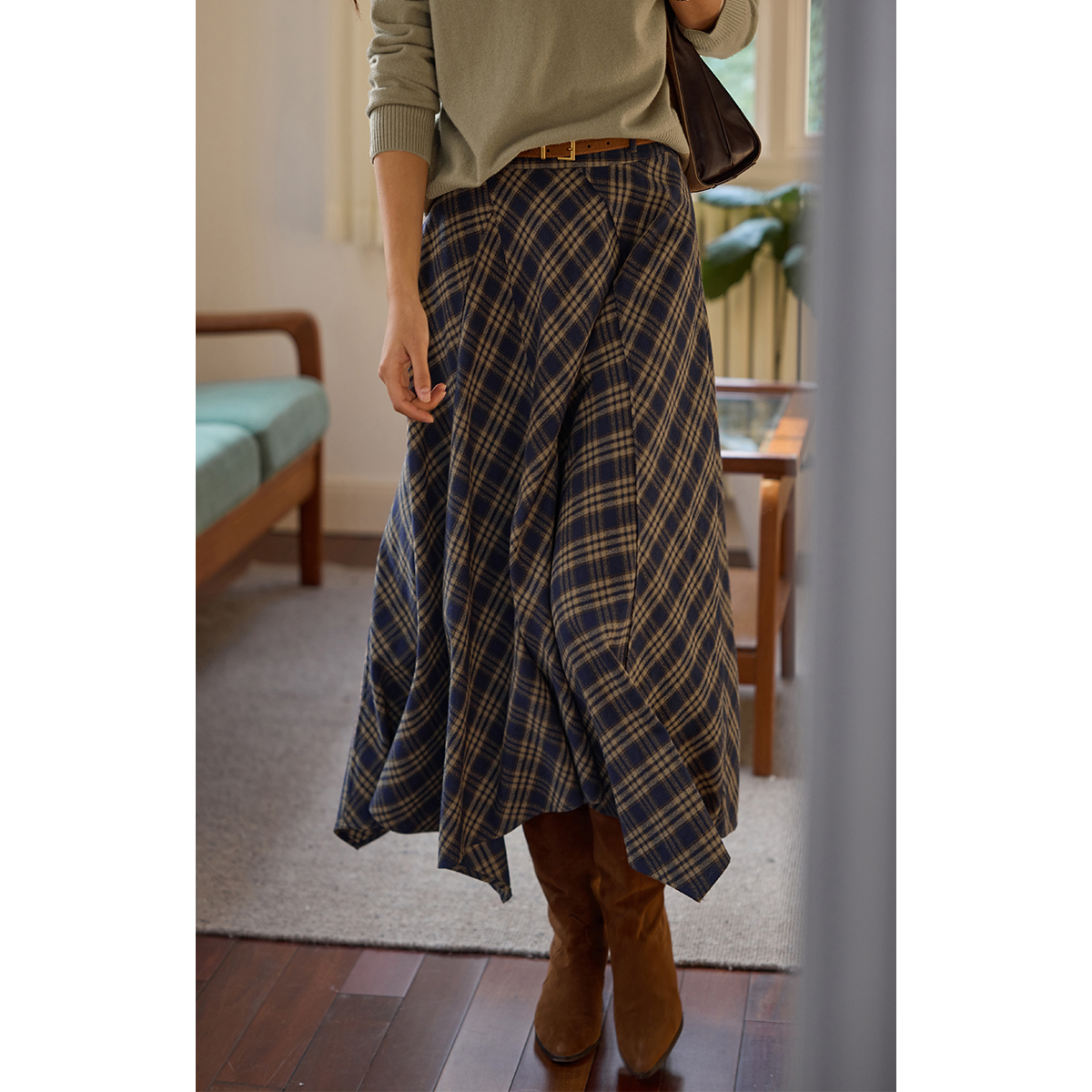 solighter法式磨毛格子半身裙