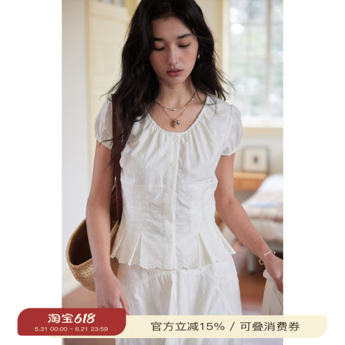 solighter法式泡泡袖收腰衬衫