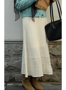solighter法式全羊毛钩花针织半身裙女秋冬2025新款显瘦a字裙伞裙