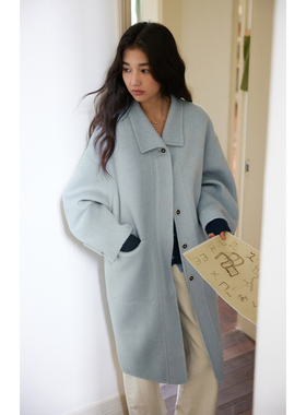 solighter 骆驼绒羊毛蓝色翻领茧型双面呢大衣女秋冬新款毛呢外套