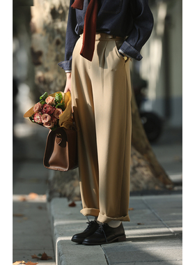 solighter 法式复古卡其色锥形九分裤女秋冬新款宽松高腰显瘦裤子