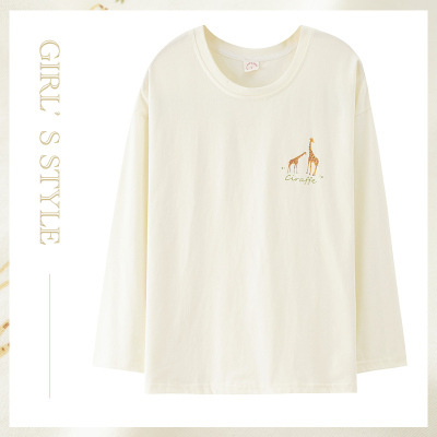 全棉睡衣女单件上衣长袖纯棉薄款T恤圆领套头可外穿加大码家居服