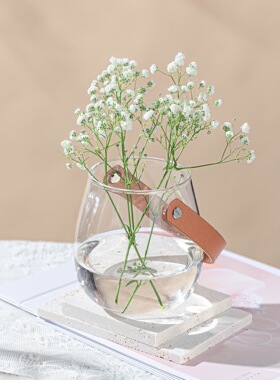 ins风皮革手提玻璃花瓶简约花器家居装饰品收纳摆件烛台水培花瓶