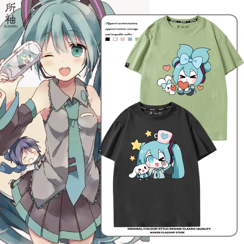 初音miku少女风Q版表情包头像T恤衫男女纯棉二次元葱娘短袖夏衣服
