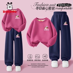 巴布豆女童加绒卫衣2025新款中大童一体绒厚上衣休闲儿童套装冬装