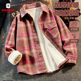 巴布豆女童磨毛格子衬衫超好看长袖衬衣2026新款冬季儿童加绒外套