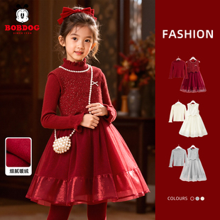 巴布豆女童红色连衣裙小香风过年服公主裙2026马年儿童冬款打底裙