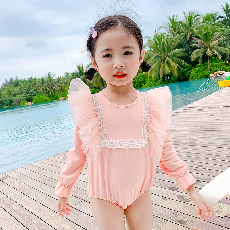 儿童泳衣女女童连体长袖防晒中小童游泳衣蕾丝洋气女孩度假泳衣
