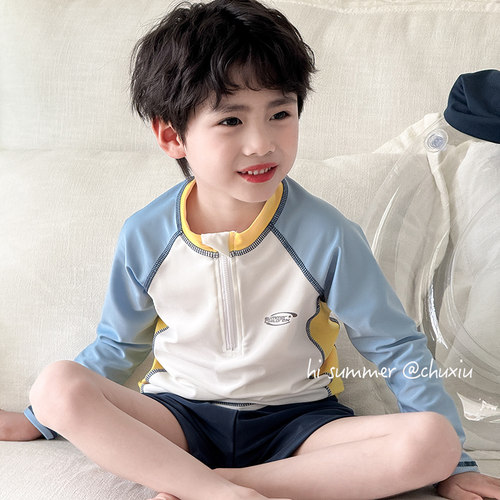 儿童泳衣男童分体长袖防晒速干中小童男孩海边宝宝短袖学生游泳衣