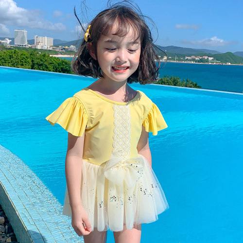 雏袖中小童连体亮黄纱裙游泳衣