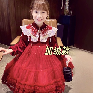 中式国风连衣裙女童新年圣诞元素红色裙子秋冬过生日公主裙高级感