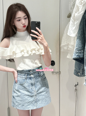 原加裁SN家日系纯色甜美层叠荷叶边露肩针织衫修身上衣swnt242013