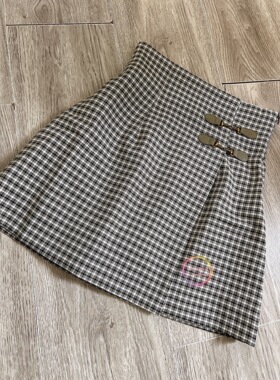 实拍原加裁S家春夏高腰格子不对称搭扣显瘦A字半身裙裤swfp222112