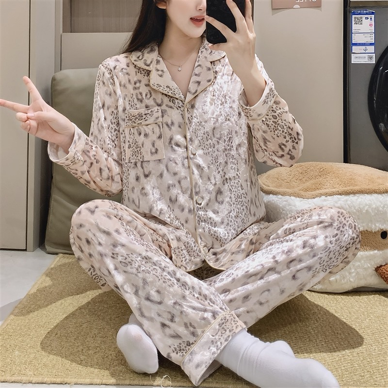 实拍~冬季新款金丝绒豹纹开衫睡衣女韩版ins时尚家居服套装