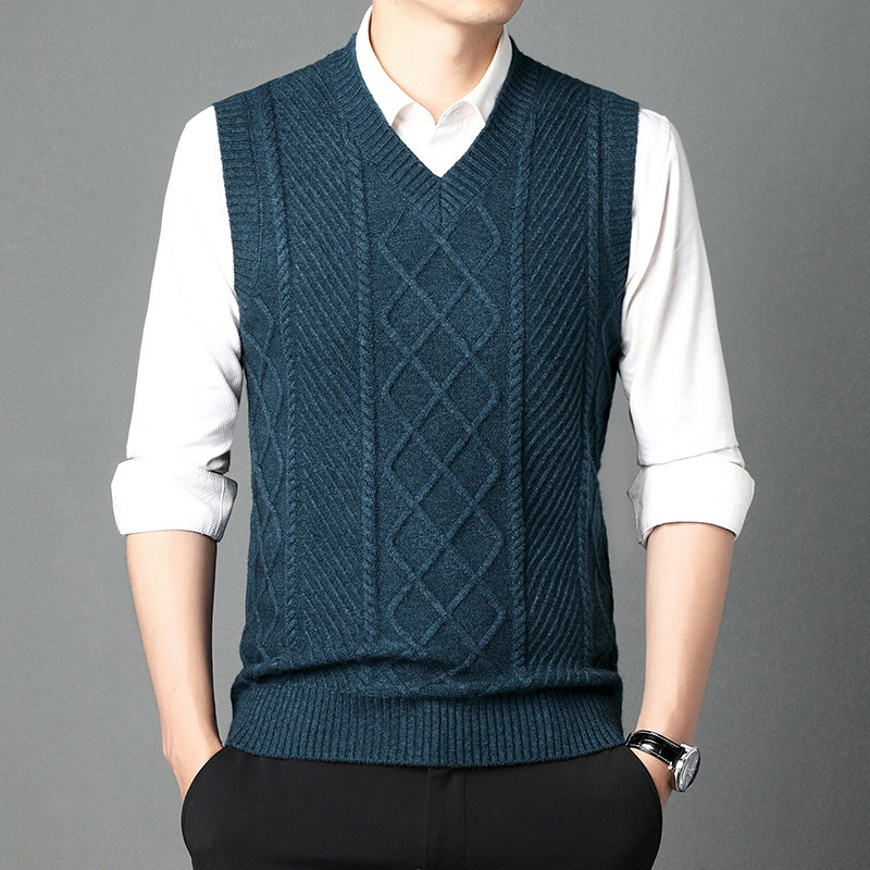 鸡心领羊毛背心春秋季男士针织中老年V领毛衣提花马甲坎肩爸爸装