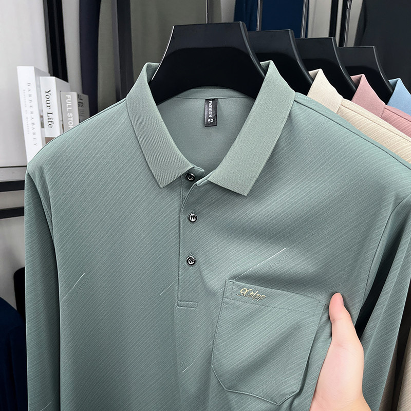 春秋季长袖t恤男士中老年爸爸装休闲翻领polo衫有口袋纯色打底衫