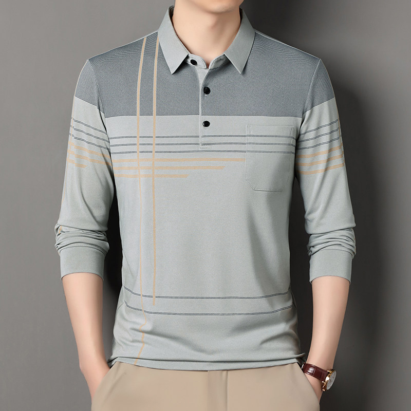 长袖T恤男士春秋款打底衫中老年爸爸装休闲宽松真口袋翻领Polo衫