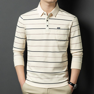 长袖 条纹Polo衫 2025新款 t恤男士 翻领真口袋中年条纹打底衫 爸爸装
