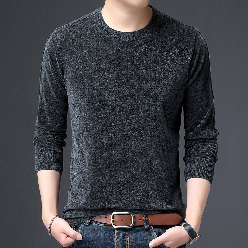 秋冬季雪尼尔圆领毛衣男士休闲百搭针织衫纯色套头内搭针织衫上衣