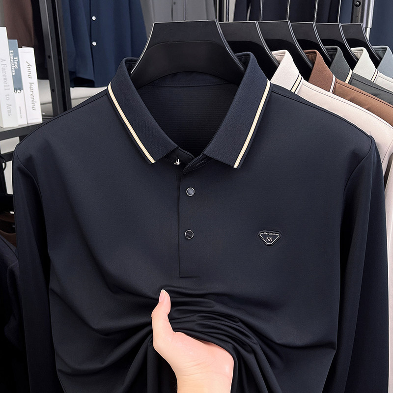 春秋季新款商务休闲冰丝Polo衫中年男士翻领薄款长袖t恤爸爸男装