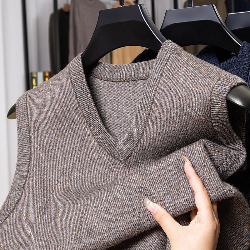 中年男士爸爸装背心春秋季纯色V领中老年针织衫坎肩无袖毛衣马甲