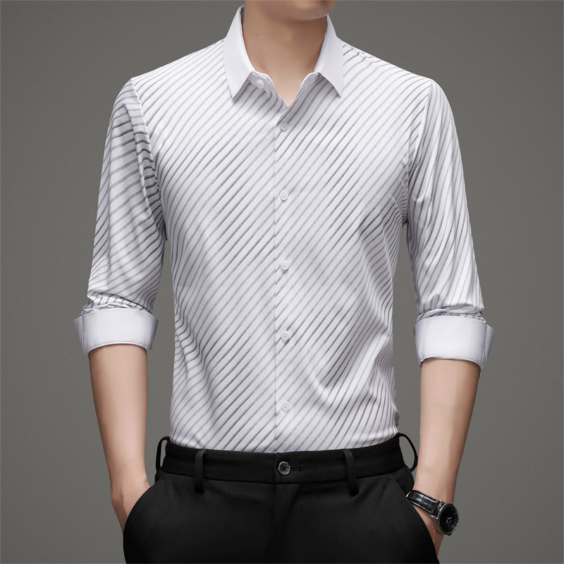 春秋款长袖衬衫男休闲条纹免烫抗皱中年男士薄款商务无痕爸爸衬衣