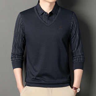T恤爸爸装 春秋季 长袖 翻领Polo衫 领假两件 中老年男士 休闲宽松衬衫
