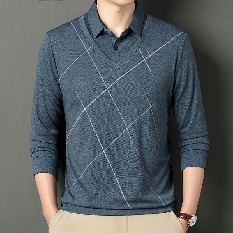 假两件长袖t恤男士中老年人条纹宽松爸爸装衬衫领春秋款打底衫男,男装,中老年上装,淘宝优惠券,粉丝福利购,淘宝优惠卷