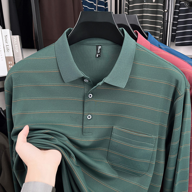 真口袋翻领Polo衫男士中老年休闲宽松春秋季薄款爸爸条纹长袖t恤