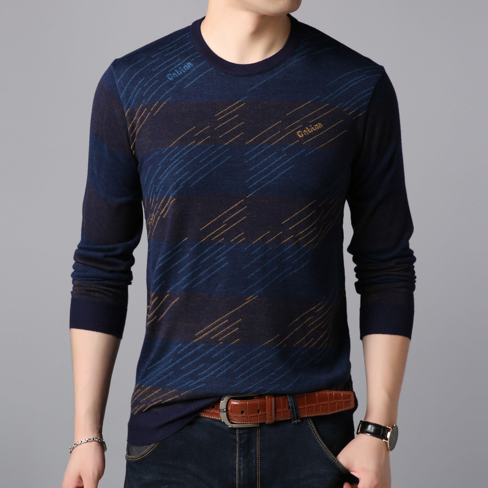 春秋季薄款长袖t恤男士针织衫毛衣中年爸爸装圆领内搭打底衫上衣