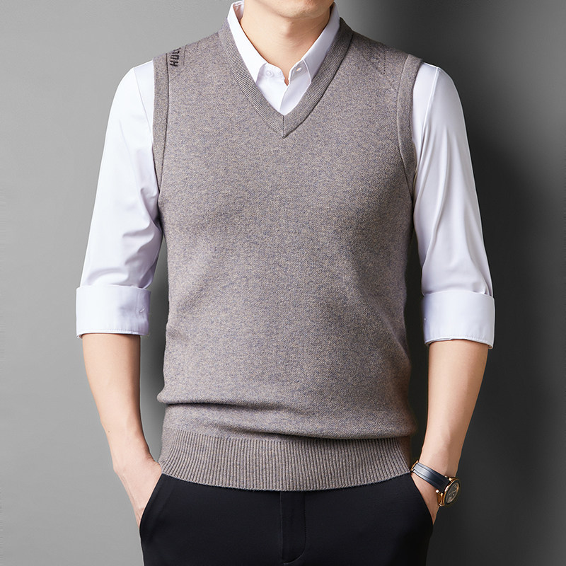 春秋季羊毛背心男士V领内搭无袖毛衣爸爸装大码针织衫坎肩马甲男