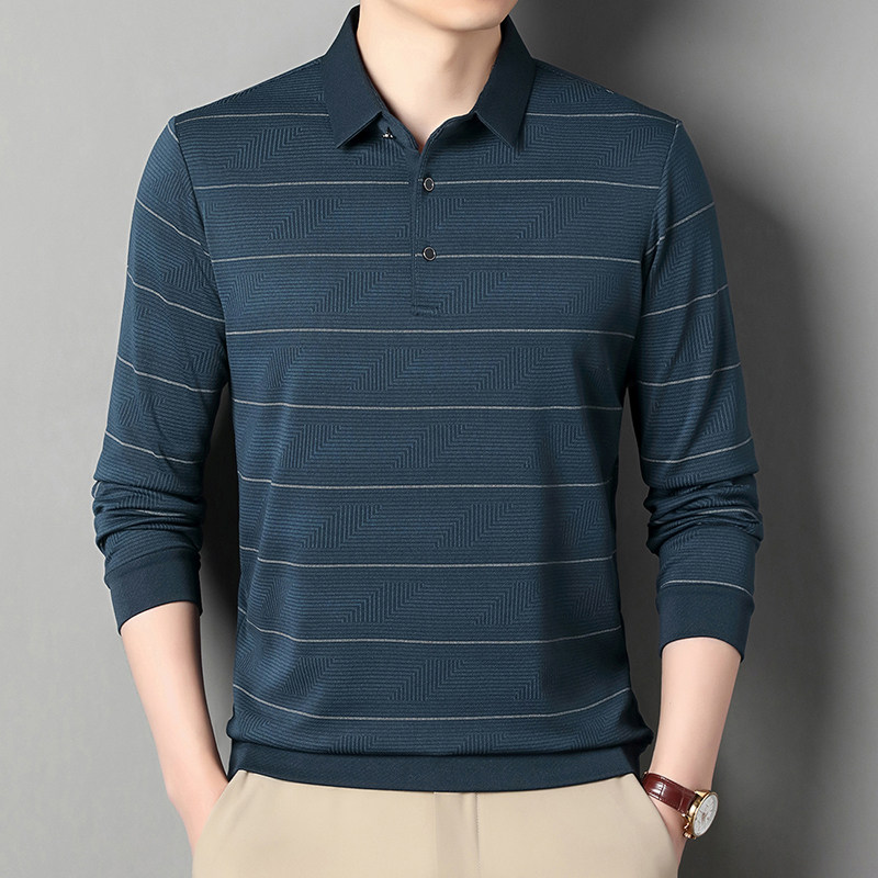 爸爸装翻领条纹t恤男士长袖Polo衫春秋季休闲宽松大码薄款打底衫,男装,中老年上装,淘宝优惠券,粉丝福利购,淘宝优惠卷